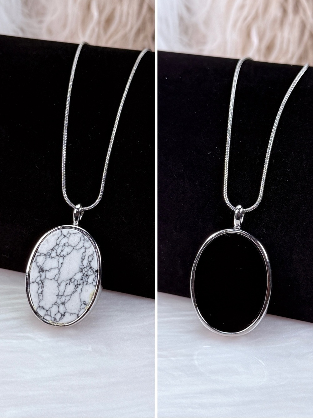 Silvertone, black, and white convertible pendant costume necklace